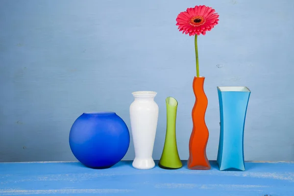 Multicolored vases and pink gerbera — Stock Photo, Image