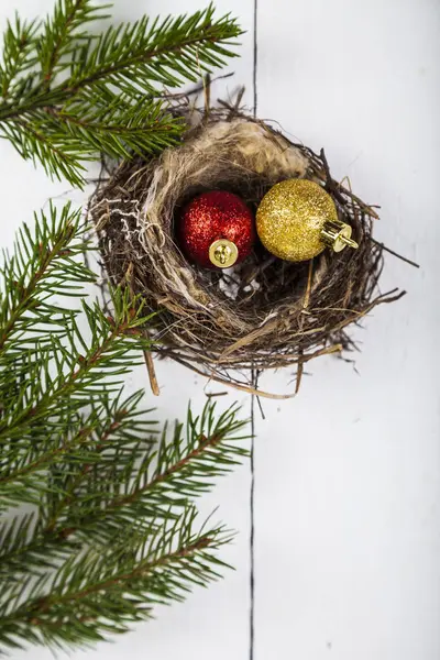 Kerstballen in een nest — Stockfoto