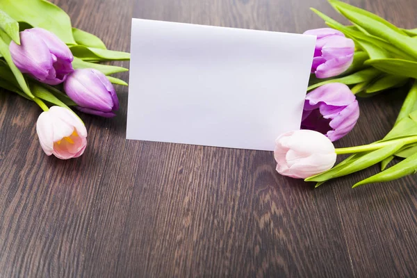 Bouquet of tulips and paper — Stock Photo, Image