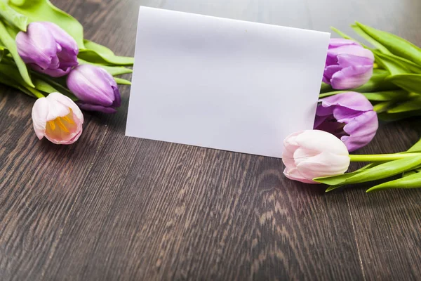 Bouquet of tulips and paper — Stock Photo, Image