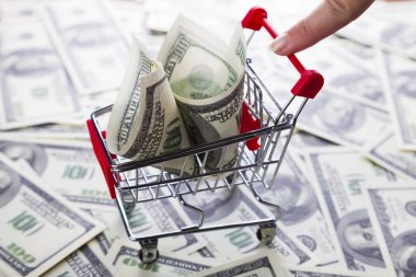 Dolar ve bir kadın eli ile alışveriş arabası.