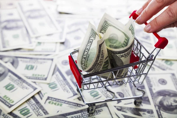 Dolar ve bir kadın eli ile alışveriş arabası.