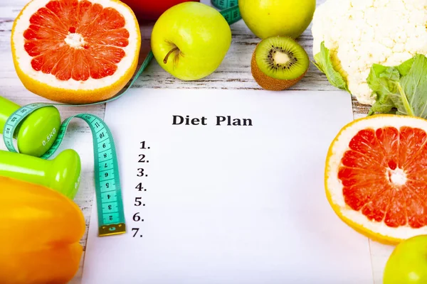 Food Sheet Paper Diet Plan Blue Wooden Background Concept Diet — Stock Photo, Image