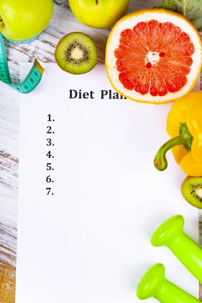 Food Sheet Paper Diet Plan Blue Wooden Background Concept Diet — Stock Photo, Image