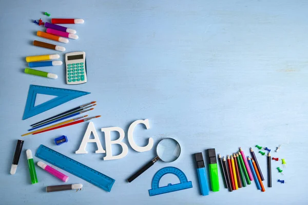 Back School Items School Letters Abc Wooden Table Place Your — Stock Photo, Image