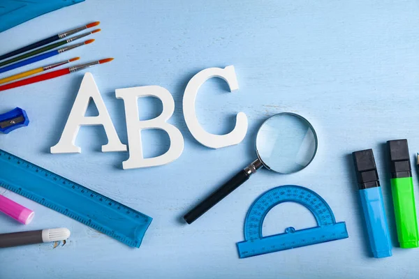 Back School Items School Letters Abc Wooden Table Place Your — Stock Photo, Image