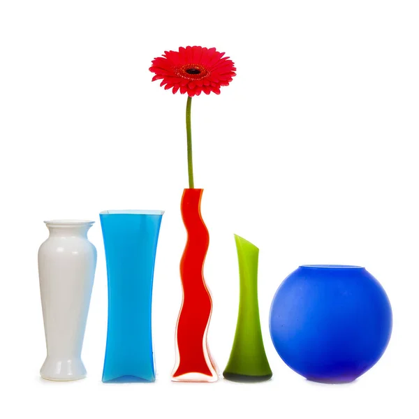 Rote Gerbera Und Fünf Vasen Isoliert Auf Weißem Hintergrund — Stockfoto