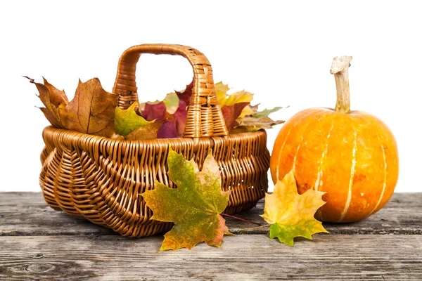 Basket Maple Autumn Leaves Pumpkin Wooden Table Isolated White Background — Stock Photo, Image