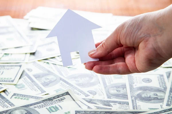 Female Hand House Background Money Buying Property Dollars — Stock Photo, Image