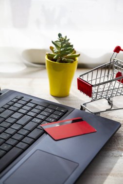 Kredi kartı ve alışveriş arabası olan bir laptop. İnternetten alışveriş.