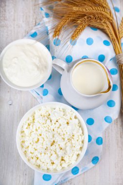 Süt ürünleri ahşap bir masada. Mavi benekli peçetede nefis bir kahvaltı..