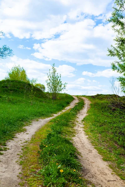 Schöne Frühlingslandschaft Mit Feldweg Sonniger Tag — Stockfoto