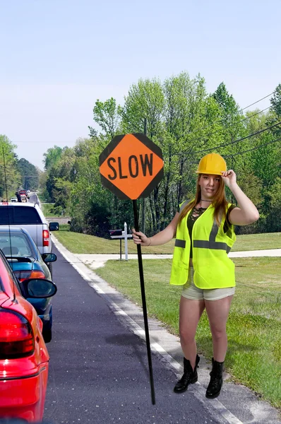 Workman with Stop Sign — Stock Photo, Image