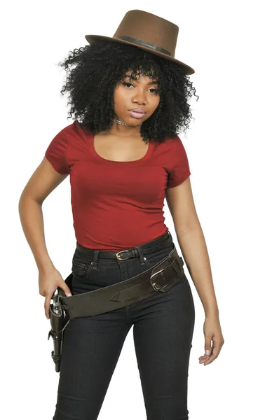 Siyah Kovboy kızı relvolver ile — Stok fotoğraf