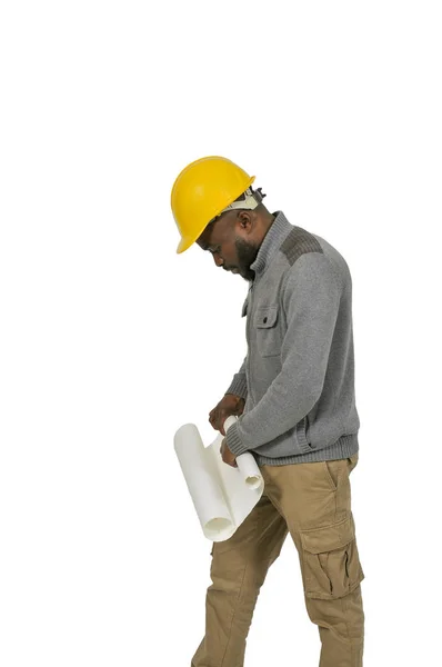 Black Construction Worker with Blueprints — Stock Photo, Image