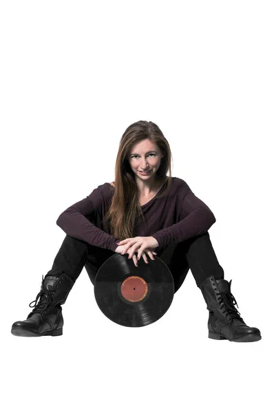 Vrouw met vinyl record — Stockfoto