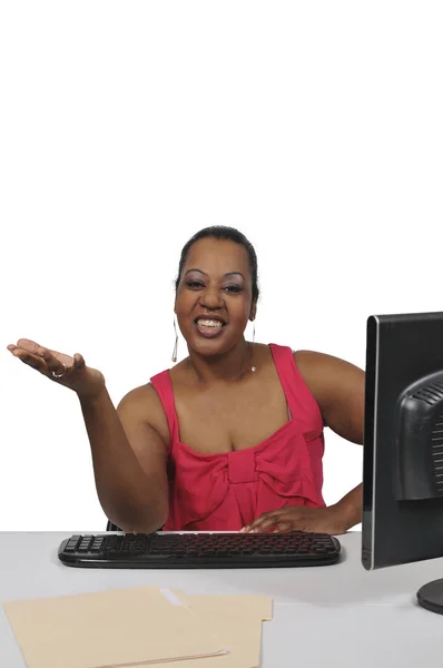 Woman on desktop computer — Stock Photo, Image