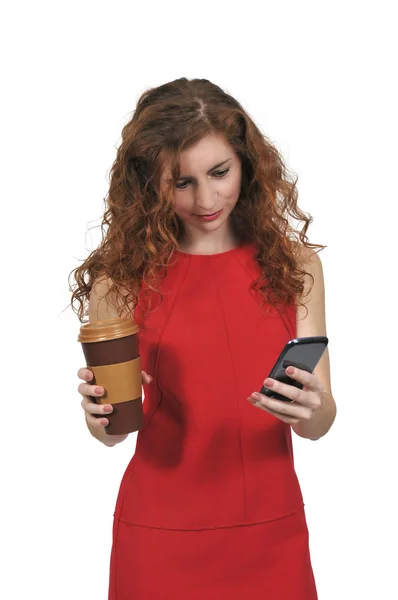 Mujer en el teléfono con café — Foto de Stock