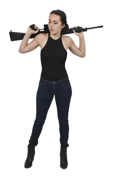 Mujer soldado con rifle — Foto de Stock