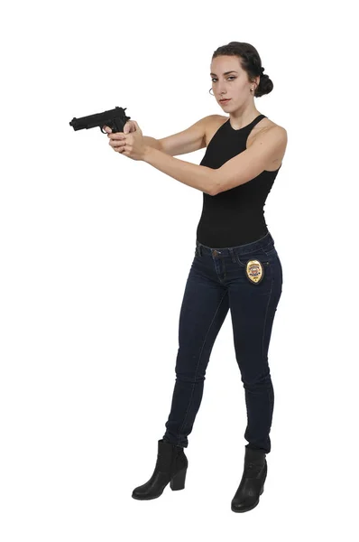 Femme détective avec arme à feu — Photo