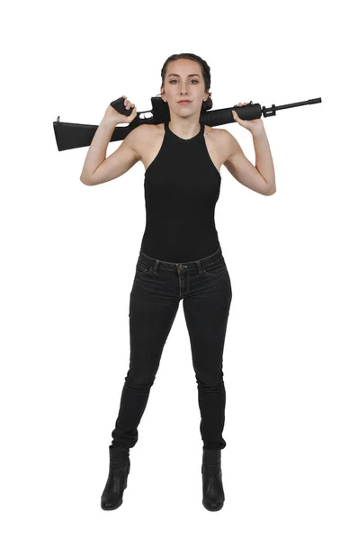 Mujer soldado con rifle — Foto de Stock