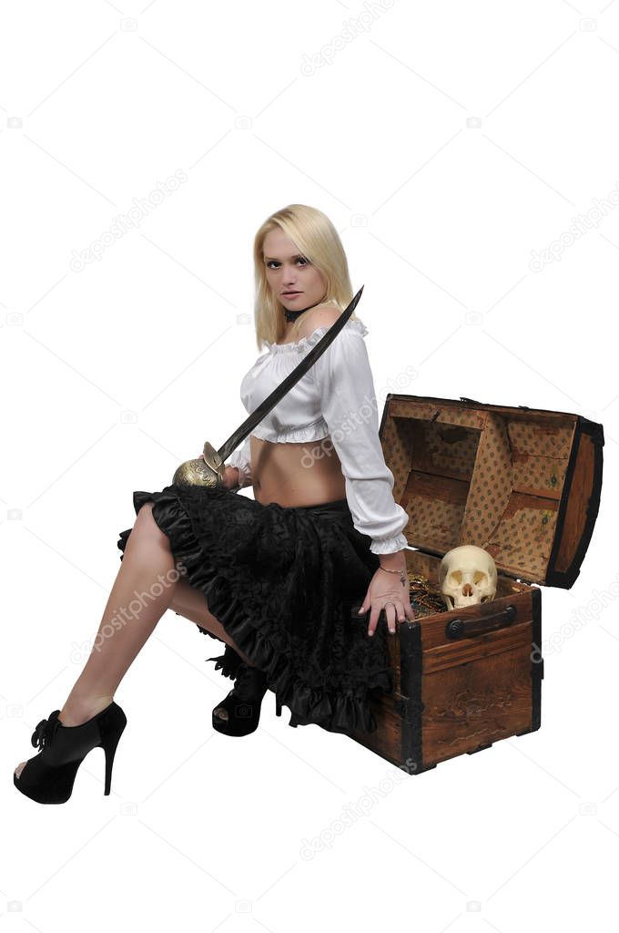 Woman pirate opening chest