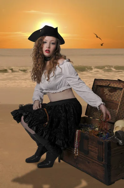 Woman pirate opening chest