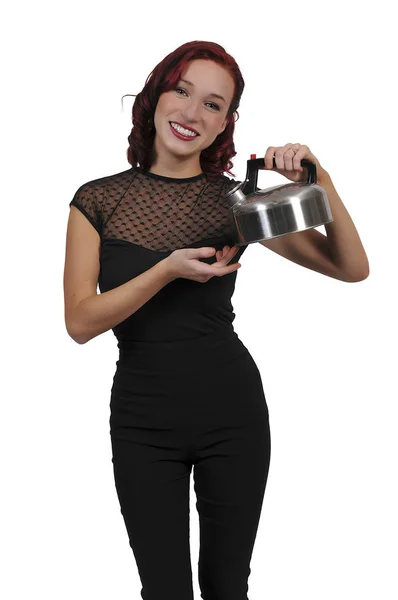 Woman holding tea kettle — Stock Photo, Image