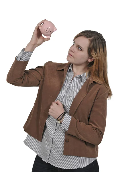 Vrouw bedrijf piggy bank — Stockfoto