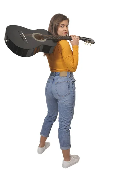 Mulher Bonita Segurando Uma Guitarra Acústica — Fotografia de Stock