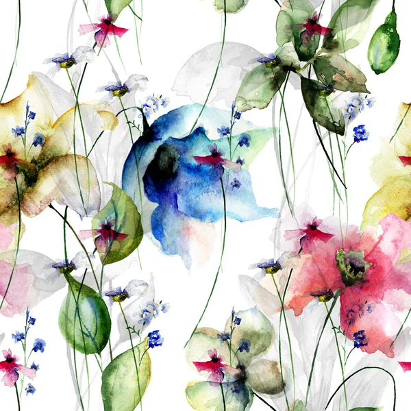 Hermoso patrón sin costuras con flores de lirio y amapola — Foto de Stock