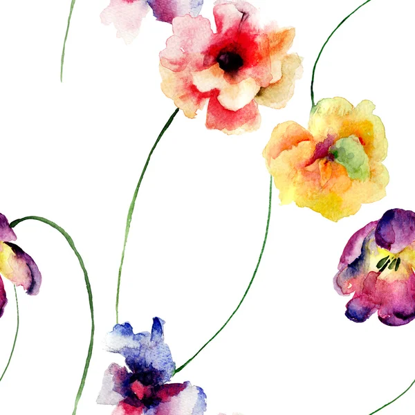 Patrón sin costuras con flores de Gerber, Tulipán y Amapolas —  Fotos de Stock