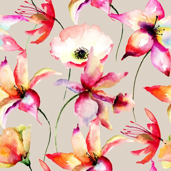 Seamless wallpaper with Lily and Poppy flowers — Stock Photo, Image