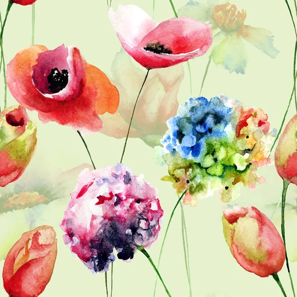 Поппи, тюльпаны и цветы Hydrangea — стоковое фото