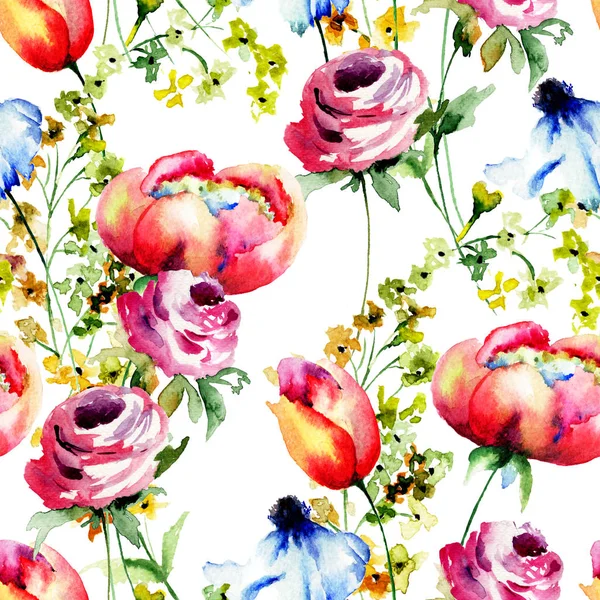 装飾的な夏の花とのシームレスなパターン — ストック写真