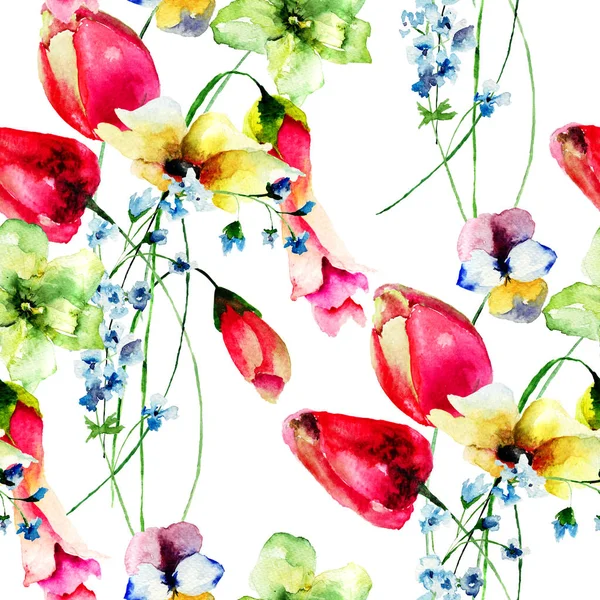 Seamless wallpaper with spring wild flowers — Stock Photo, Image