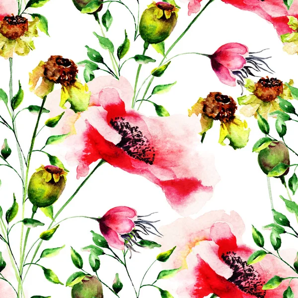ガーバーとケシの花でシームレスな壁紙 — ストック写真