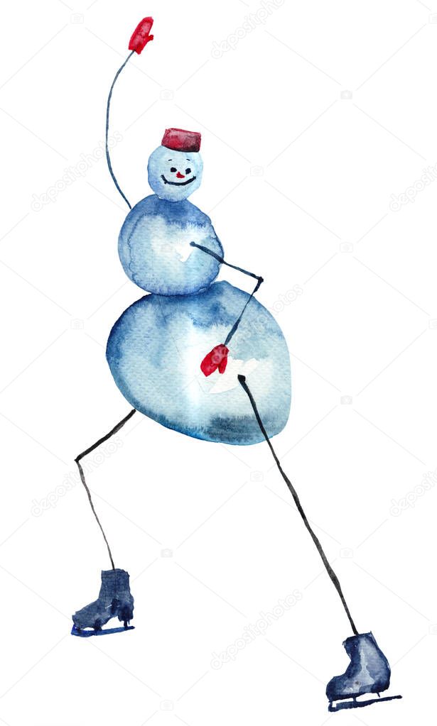 Snowman Ice Skating, watercolor illustration