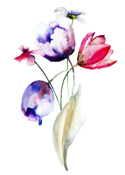 Tulipanes azules con flores silvestres —  Fotos de Stock