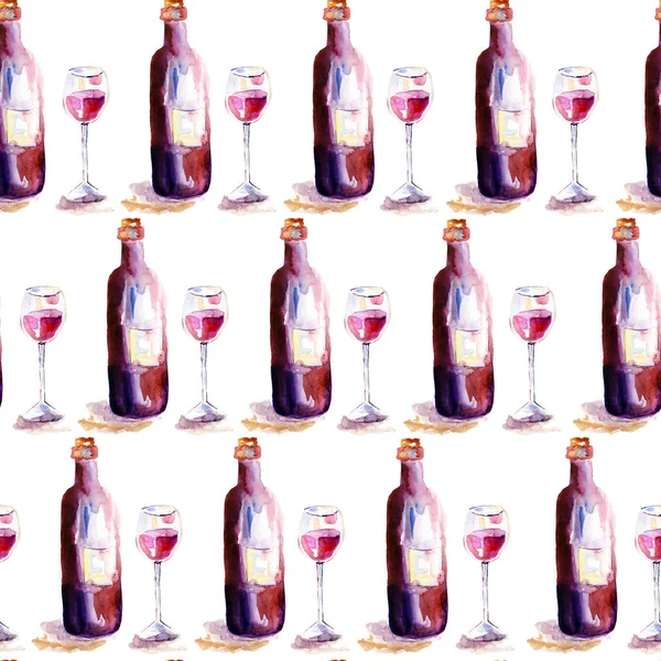 Sömlös tapet med glas rött vin och en flaska — Stockfoto