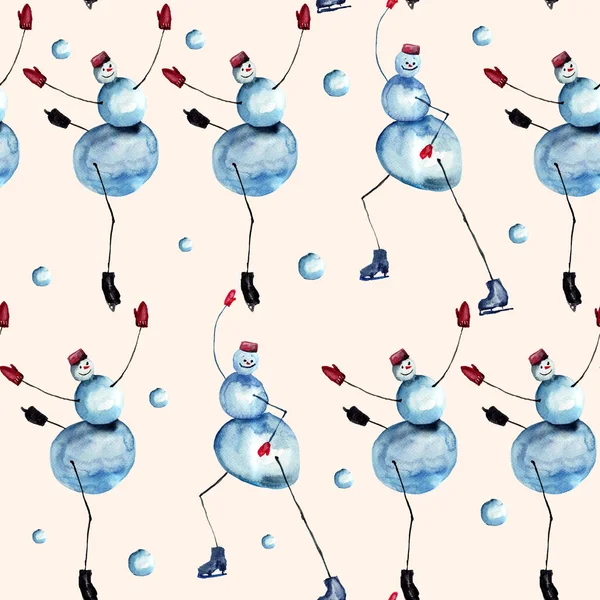 Nahtloses Muster mit Snowmans Eislauf-Cartoon — Stockfoto