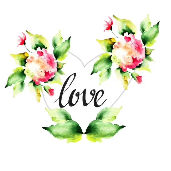 Διακοσμητικά λουλούδια Ορτανσία με καρδιά και τίτλο αγάπη — Φωτογραφία Αρχείου