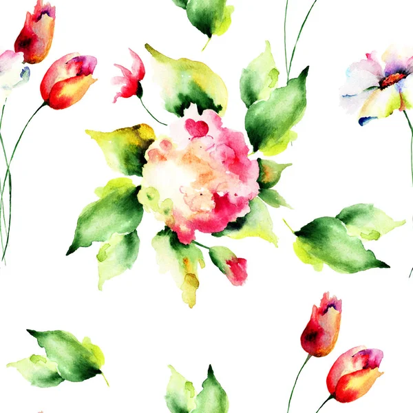 Padrão sem costura com belas flores de hortênsia e tulipas — Fotografia de Stock