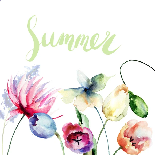 Mall för blommig kort med titeln sommaren — Stockfoto