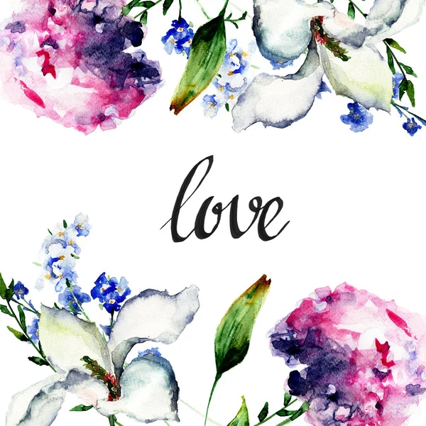 Hermosa hortensias y flores de lirio con el título de amor —  Fotos de Stock