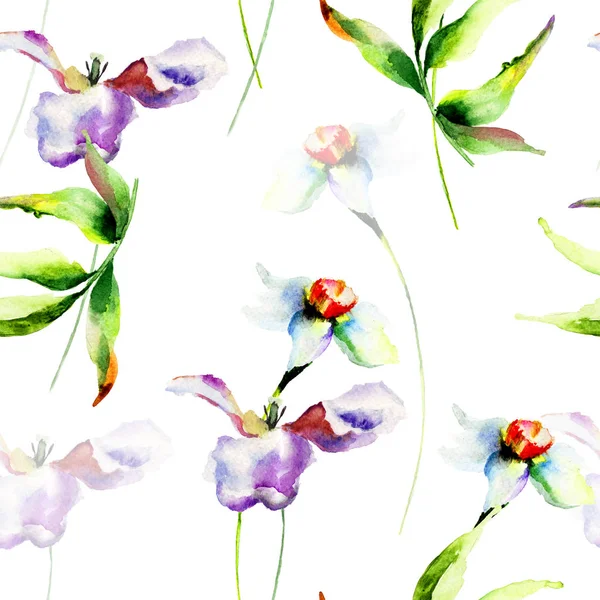 Nahtloses Muster mit Tulpen- und Narzissenblüten — Stockfoto
