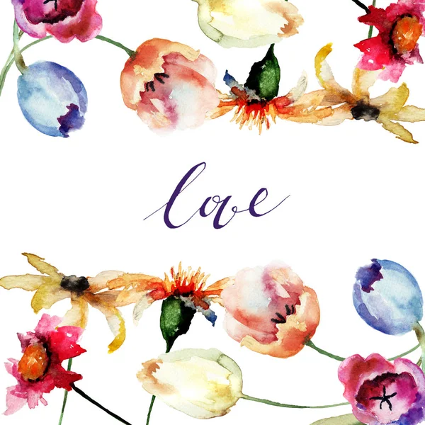 Card with beautiful flowers and title LOVE — Stock Photo, Image
