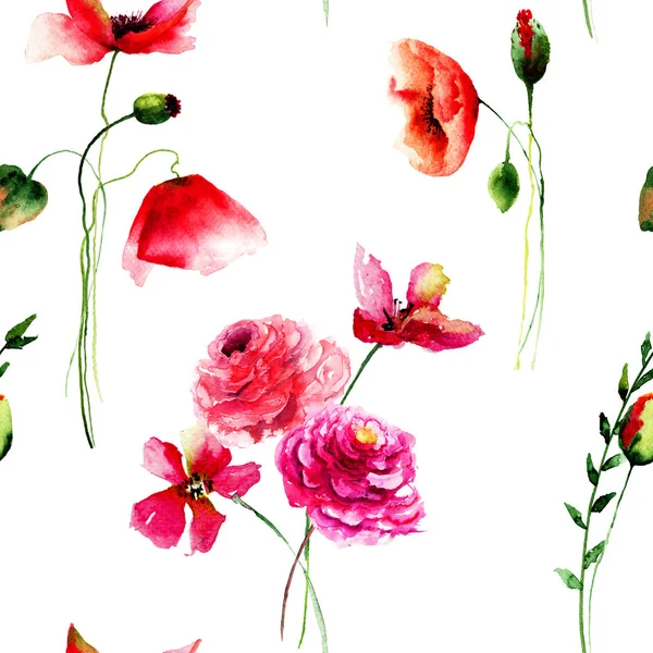Nahtloses Muster mit schönen Mohn- und Gerbera-Blüten — Stockfoto