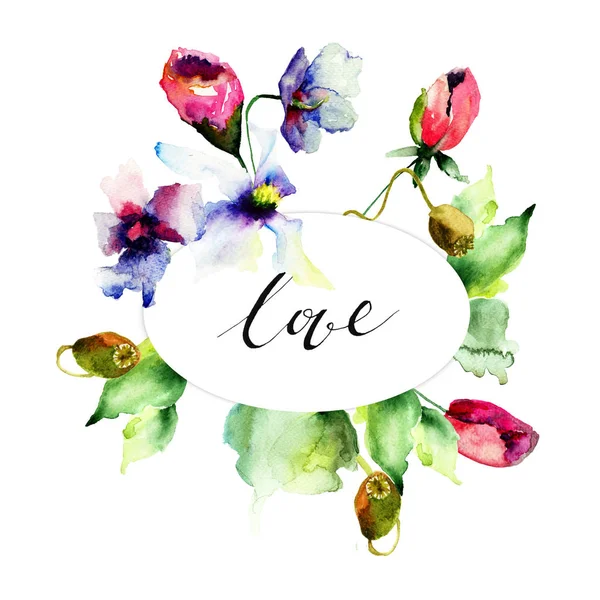 Karta s názvem láska a květiny — Stock fotografie