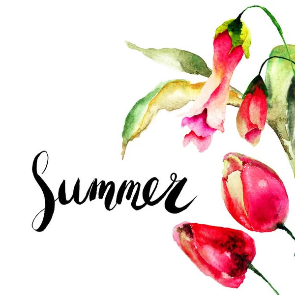 Mall för sommaren kort med Röda tulpaner blommor — Stockfoto